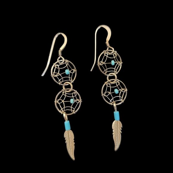 Dreamcatcher Sterling Silver Turquoise Hook Earrings Southwestern - Picture 2 of 2